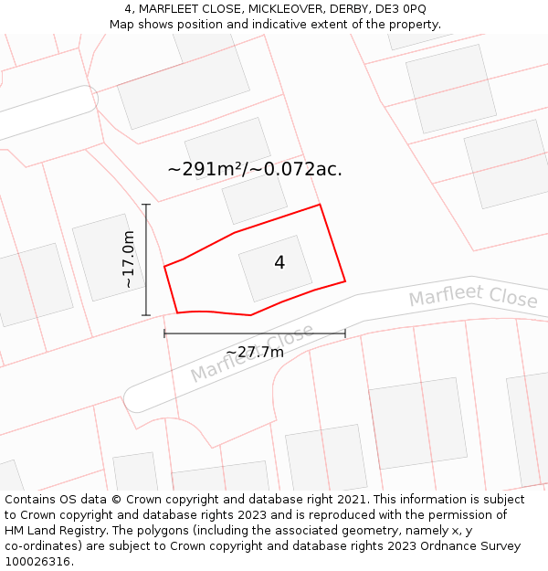 4, MARFLEET CLOSE, MICKLEOVER, DERBY, DE3 0PQ: Plot and title map