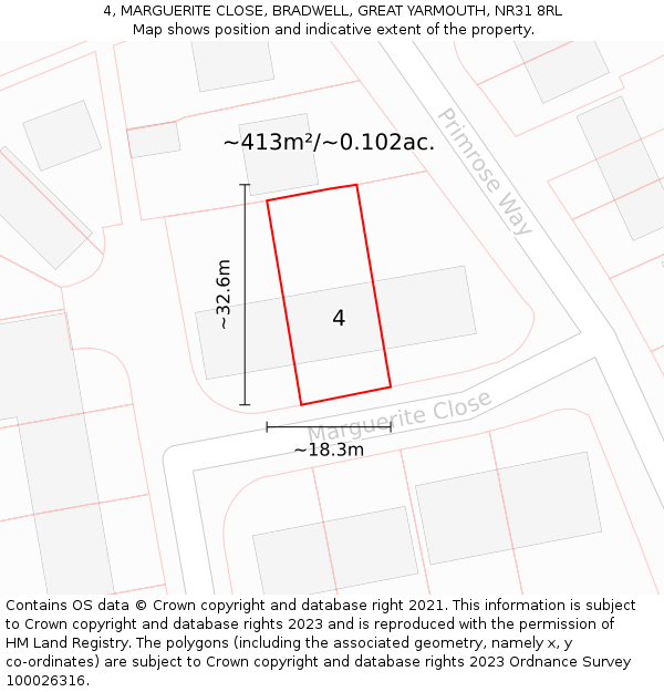 4, MARGUERITE CLOSE, BRADWELL, GREAT YARMOUTH, NR31 8RL: Plot and title map