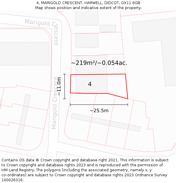 4, MARIGOLD CRESCENT, HARWELL, DIDCOT, OX11 6GB: Plot and title map