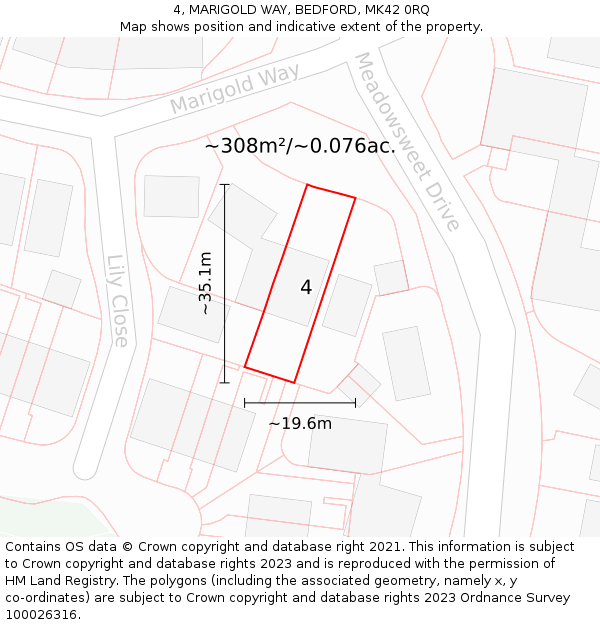 4, MARIGOLD WAY, BEDFORD, MK42 0RQ: Plot and title map