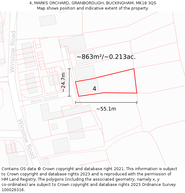 4, MARKS ORCHARD, GRANBOROUGH, BUCKINGHAM, MK18 3QS: Plot and title map