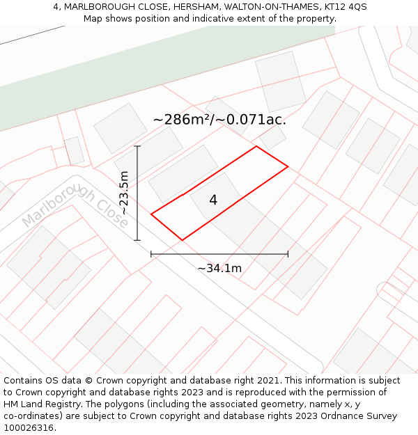 4, MARLBOROUGH CLOSE, HERSHAM, WALTON-ON-THAMES, KT12 4QS: Plot and title map