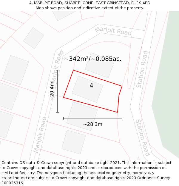 4, MARLPIT ROAD, SHARPTHORNE, EAST GRINSTEAD, RH19 4PD: Plot and title map