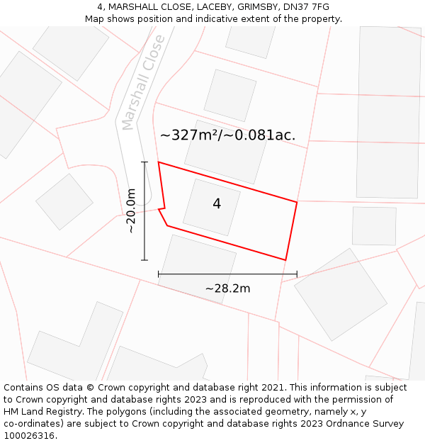 4, MARSHALL CLOSE, LACEBY, GRIMSBY, DN37 7FG: Plot and title map