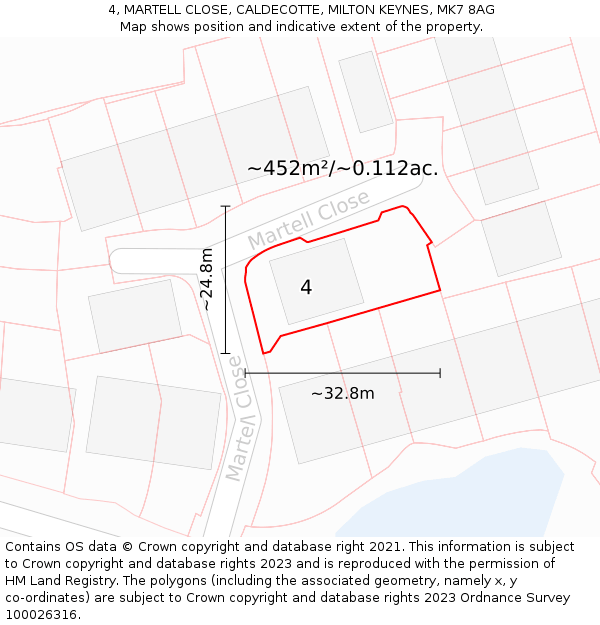 4, MARTELL CLOSE, CALDECOTTE, MILTON KEYNES, MK7 8AG: Plot and title map
