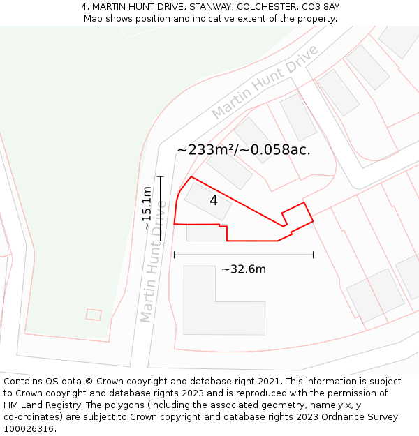 4, MARTIN HUNT DRIVE, STANWAY, COLCHESTER, CO3 8AY: Plot and title map