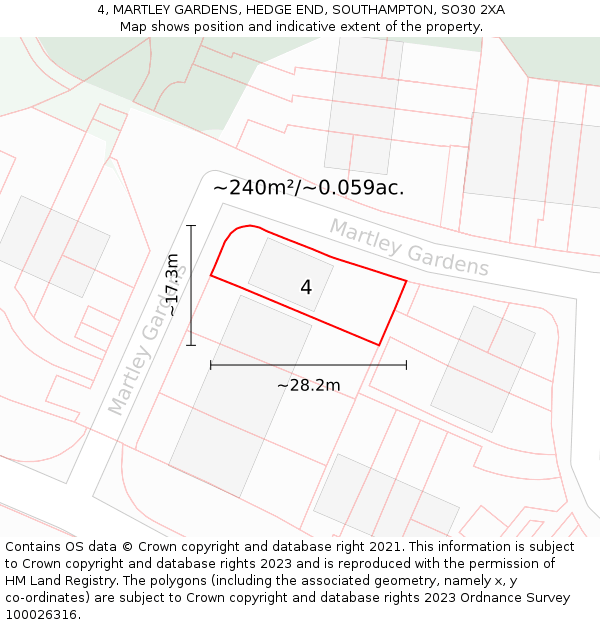 4, MARTLEY GARDENS, HEDGE END, SOUTHAMPTON, SO30 2XA: Plot and title map