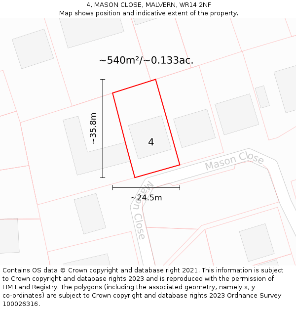 4, MASON CLOSE, MALVERN, WR14 2NF: Plot and title map