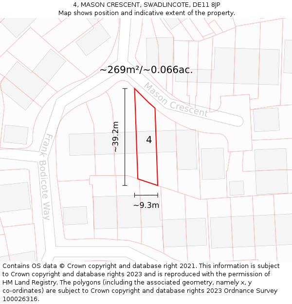 4, MASON CRESCENT, SWADLINCOTE, DE11 8JP: Plot and title map