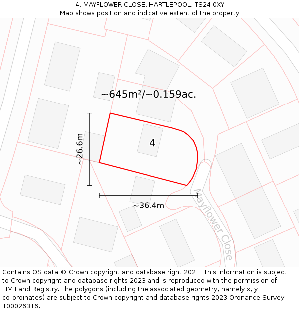 4, MAYFLOWER CLOSE, HARTLEPOOL, TS24 0XY: Plot and title map
