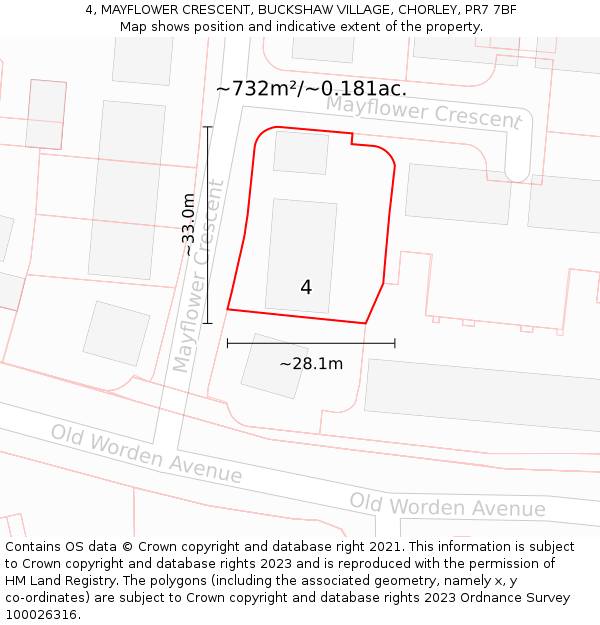 4, MAYFLOWER CRESCENT, BUCKSHAW VILLAGE, CHORLEY, PR7 7BF: Plot and title map