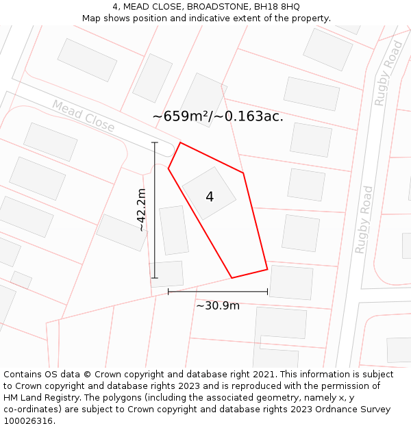 4, MEAD CLOSE, BROADSTONE, BH18 8HQ: Plot and title map