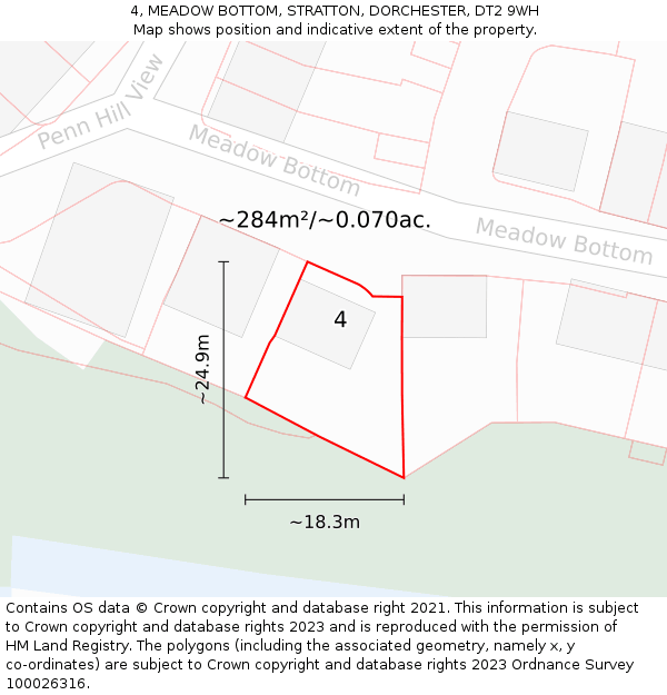 4, MEADOW BOTTOM, STRATTON, DORCHESTER, DT2 9WH: Plot and title map