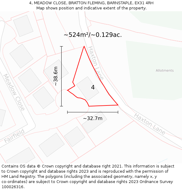 4, MEADOW CLOSE, BRATTON FLEMING, BARNSTAPLE, EX31 4RH: Plot and title map