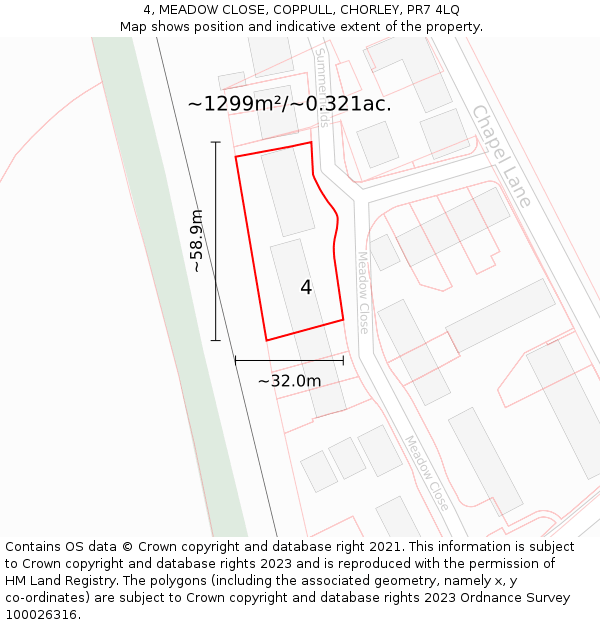 4, MEADOW CLOSE, COPPULL, CHORLEY, PR7 4LQ: Plot and title map