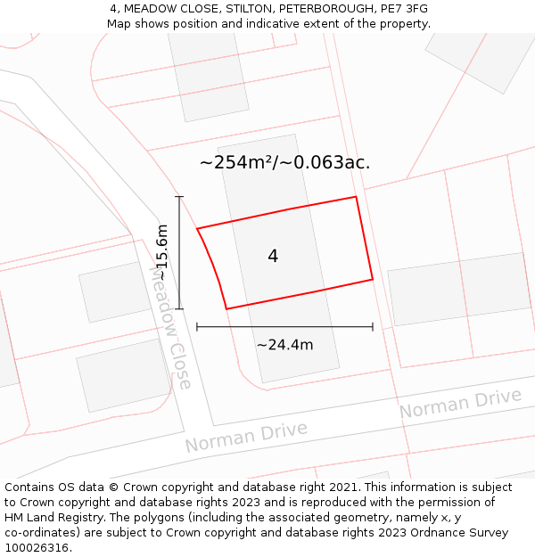 4, MEADOW CLOSE, STILTON, PETERBOROUGH, PE7 3FG: Plot and title map