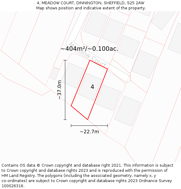 4, MEADOW COURT, DINNINGTON, SHEFFIELD, S25 2AW: Plot and title map