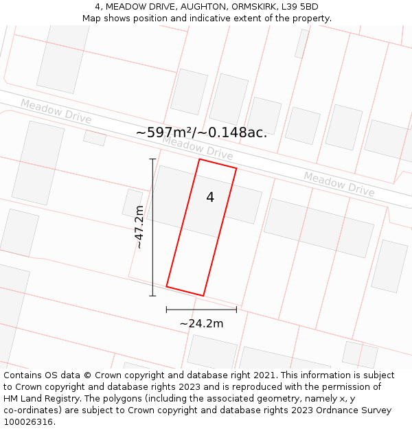 4, MEADOW DRIVE, AUGHTON, ORMSKIRK, L39 5BD: Plot and title map