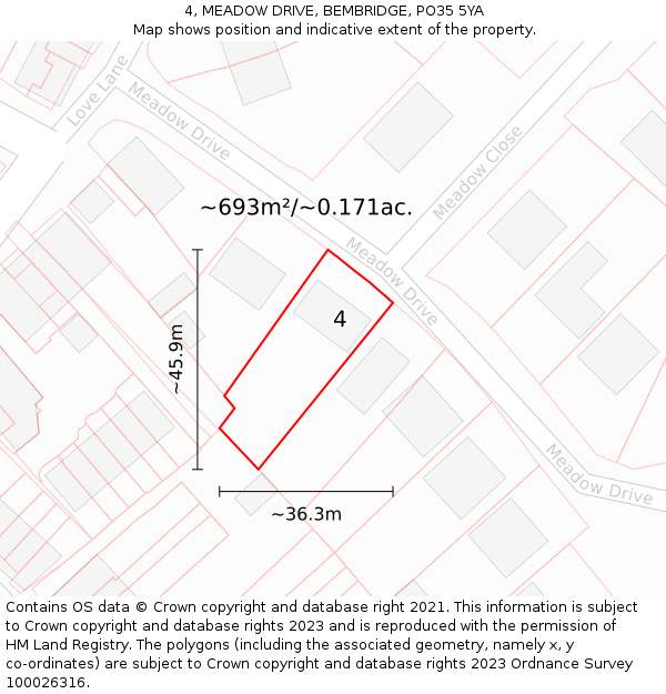 4, MEADOW DRIVE, BEMBRIDGE, PO35 5YA: Plot and title map