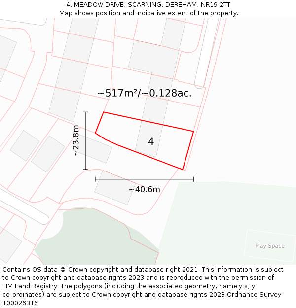 4, MEADOW DRIVE, SCARNING, DEREHAM, NR19 2TT: Plot and title map