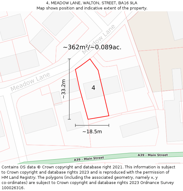 4, MEADOW LANE, WALTON, STREET, BA16 9LA: Plot and title map