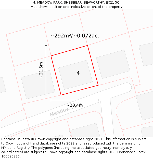 4, MEADOW PARK, SHEBBEAR, BEAWORTHY, EX21 5QJ: Plot and title map