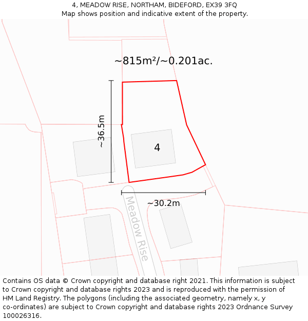 4, MEADOW RISE, NORTHAM, BIDEFORD, EX39 3FQ: Plot and title map