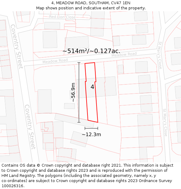 4, MEADOW ROAD, SOUTHAM, CV47 1EN: Plot and title map