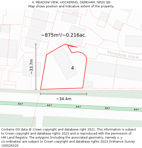 4, MEADOW VIEW, HOCKERING, DEREHAM, NR20 3JS: Plot and title map