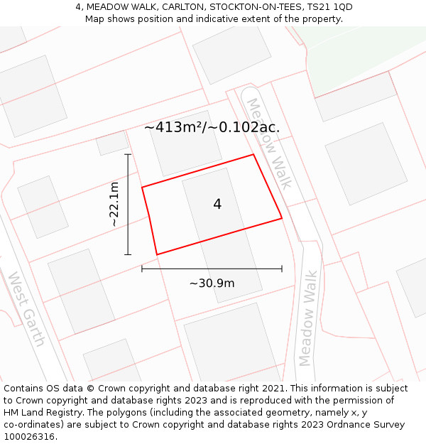 4, MEADOW WALK, CARLTON, STOCKTON-ON-TEES, TS21 1QD: Plot and title map