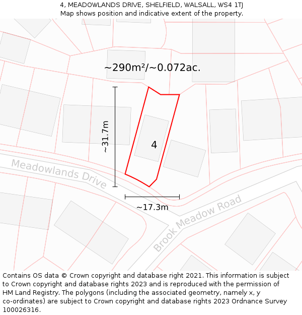 4, MEADOWLANDS DRIVE, SHELFIELD, WALSALL, WS4 1TJ: Plot and title map