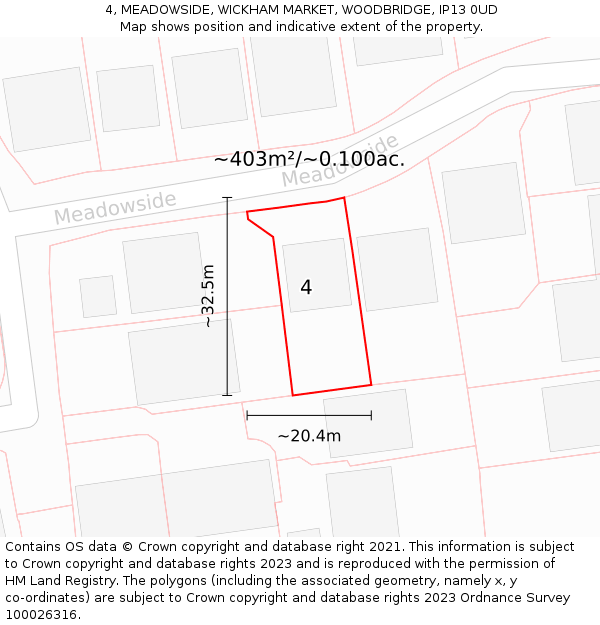 4, MEADOWSIDE, WICKHAM MARKET, WOODBRIDGE, IP13 0UD: Plot and title map