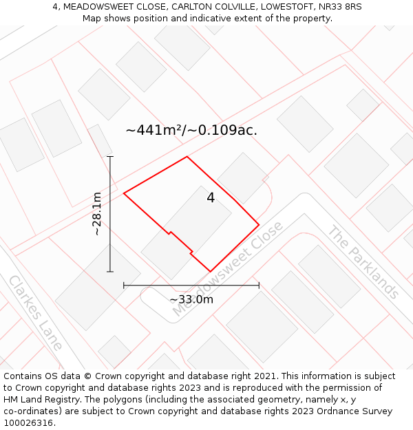 4, MEADOWSWEET CLOSE, CARLTON COLVILLE, LOWESTOFT, NR33 8RS: Plot and title map