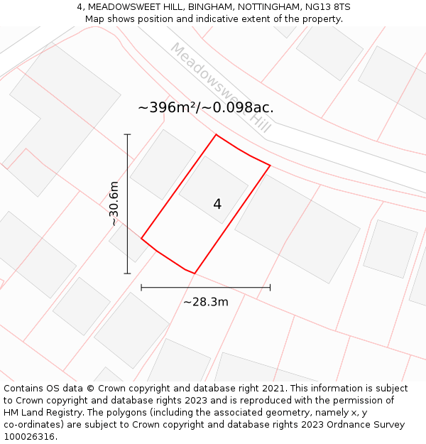 4, MEADOWSWEET HILL, BINGHAM, NOTTINGHAM, NG13 8TS: Plot and title map