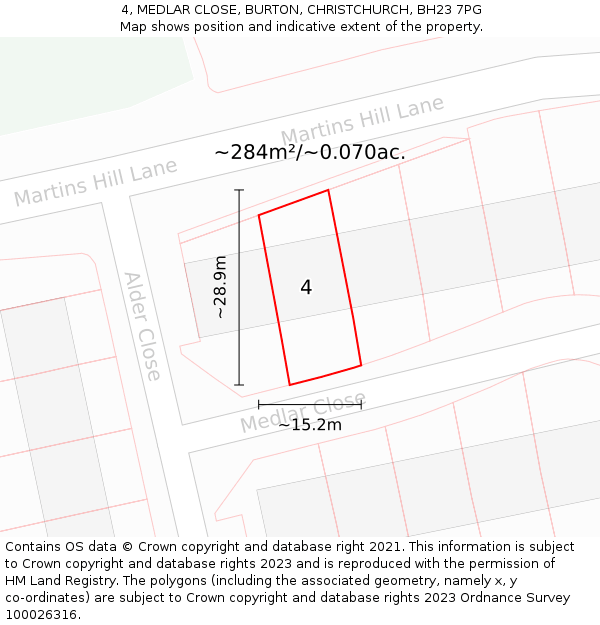 4, MEDLAR CLOSE, BURTON, CHRISTCHURCH, BH23 7PG: Plot and title map