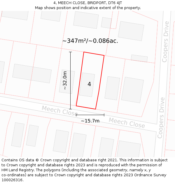 4, MEECH CLOSE, BRIDPORT, DT6 4JT: Plot and title map