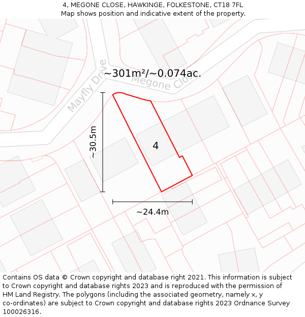 4, MEGONE CLOSE, HAWKINGE, FOLKESTONE, CT18 7FL: Plot and title map