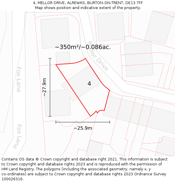 4, MELLOR DRIVE, ALREWAS, BURTON-ON-TRENT, DE13 7FF: Plot and title map