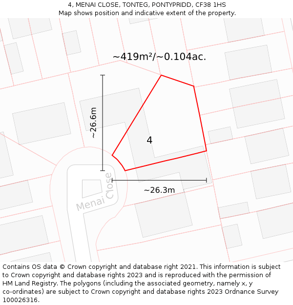 4, MENAI CLOSE, TONTEG, PONTYPRIDD, CF38 1HS: Plot and title map