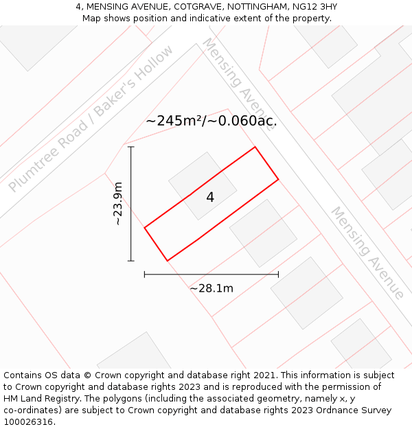 4, MENSING AVENUE, COTGRAVE, NOTTINGHAM, NG12 3HY: Plot and title map