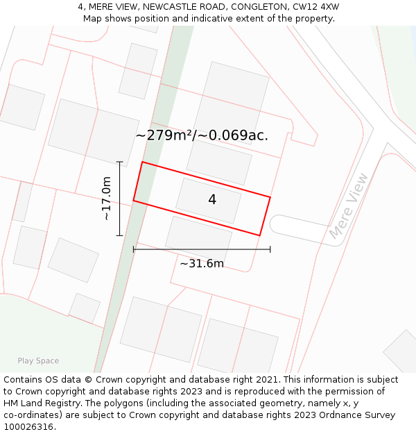 4, MERE VIEW, NEWCASTLE ROAD, CONGLETON, CW12 4XW: Plot and title map