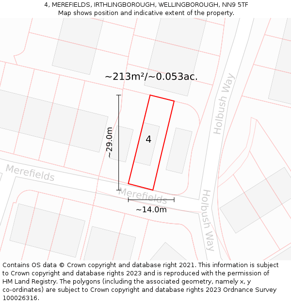 4, MEREFIELDS, IRTHLINGBOROUGH, WELLINGBOROUGH, NN9 5TF: Plot and title map