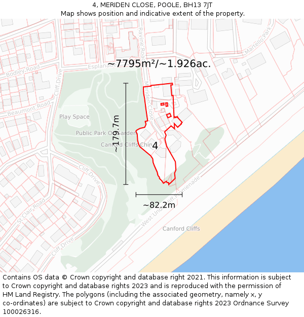 4, MERIDEN CLOSE, POOLE, BH13 7JT: Plot and title map