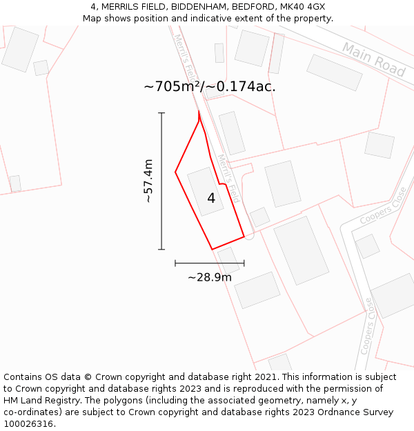 4, MERRILS FIELD, BIDDENHAM, BEDFORD, MK40 4GX: Plot and title map