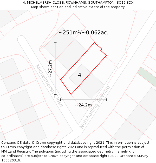 4, MICHELMERSH CLOSE, ROWNHAMS, SOUTHAMPTON, SO16 8DX: Plot and title map