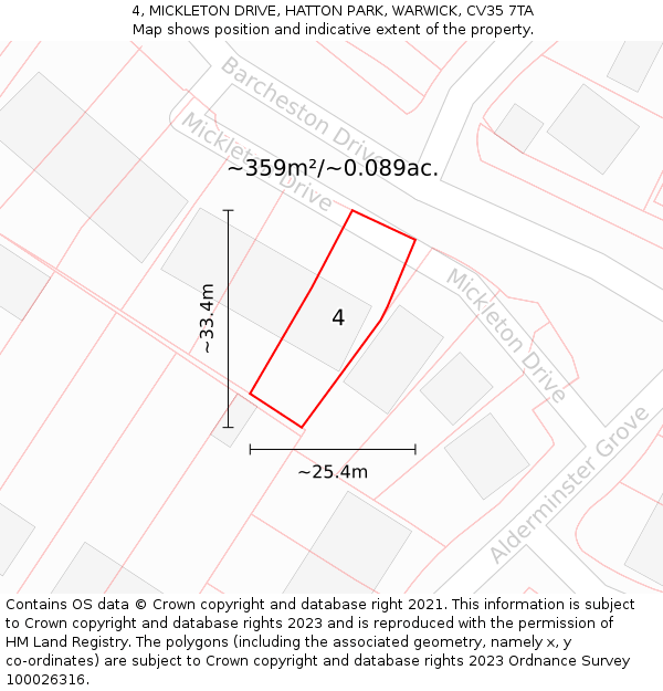 4, MICKLETON DRIVE, HATTON PARK, WARWICK, CV35 7TA: Plot and title map