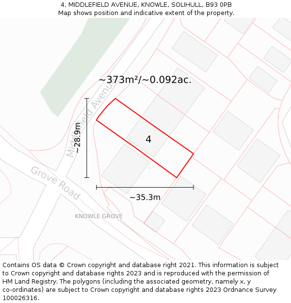 4, MIDDLEFIELD AVENUE, KNOWLE, SOLIHULL, B93 0PB: Plot and title map
