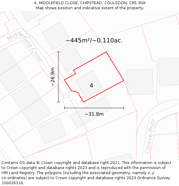 4, MIDDLEFIELD CLOSE, CHIPSTEAD, COULSDON, CR5 3NX: Plot and title map
