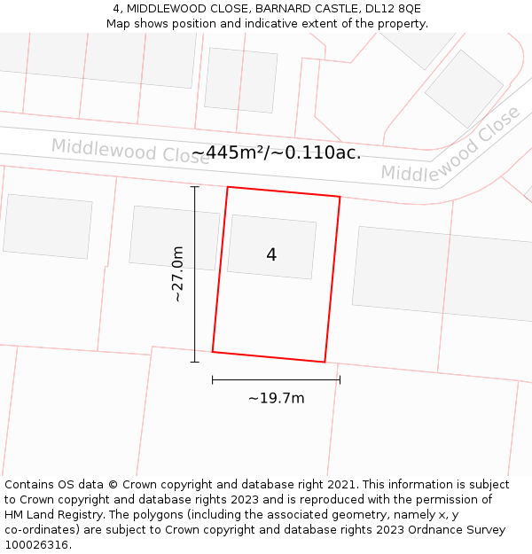 4, MIDDLEWOOD CLOSE, BARNARD CASTLE, DL12 8QE: Plot and title map