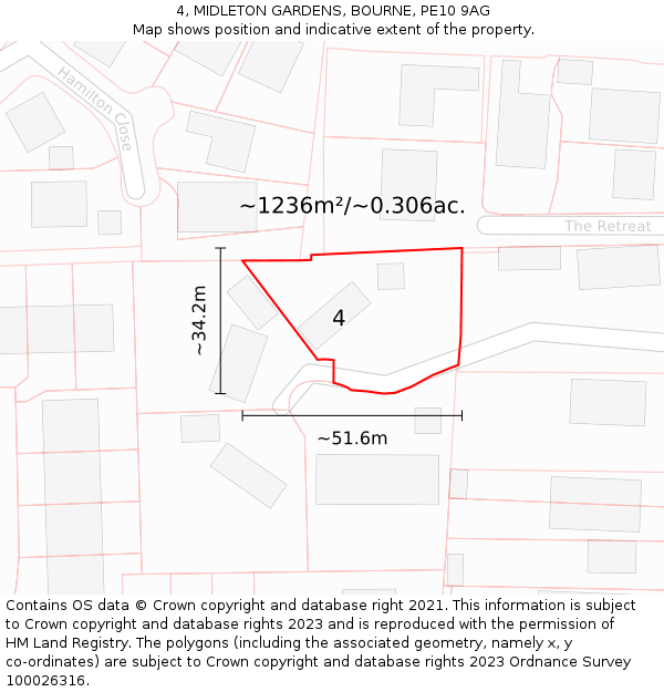 4, MIDLETON GARDENS, BOURNE, PE10 9AG: Plot and title map